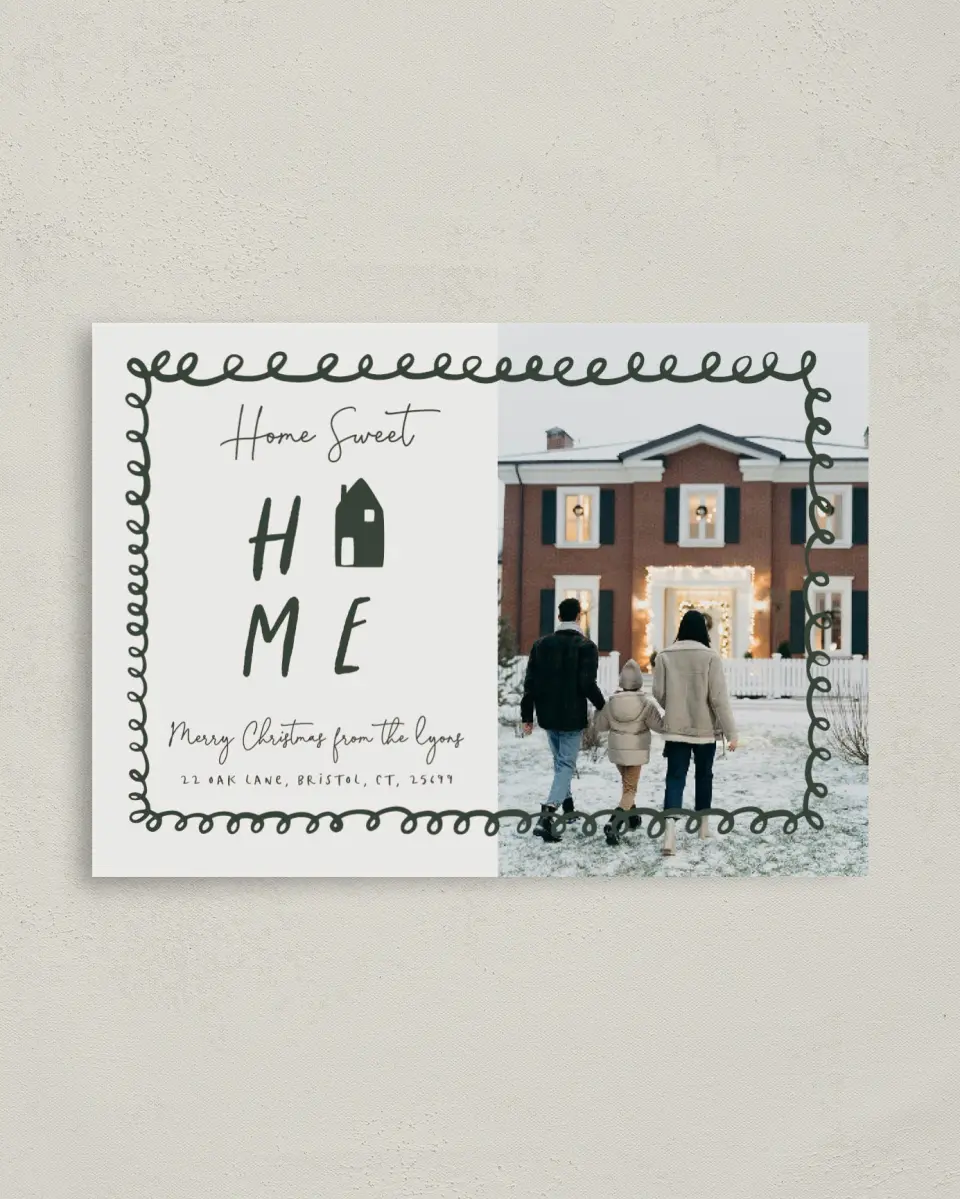 This is a 4" x 5.6" Christmas Card called Sweet Dwelling printed in full color with Rose Gold foil on Soft Suede (coated) paper