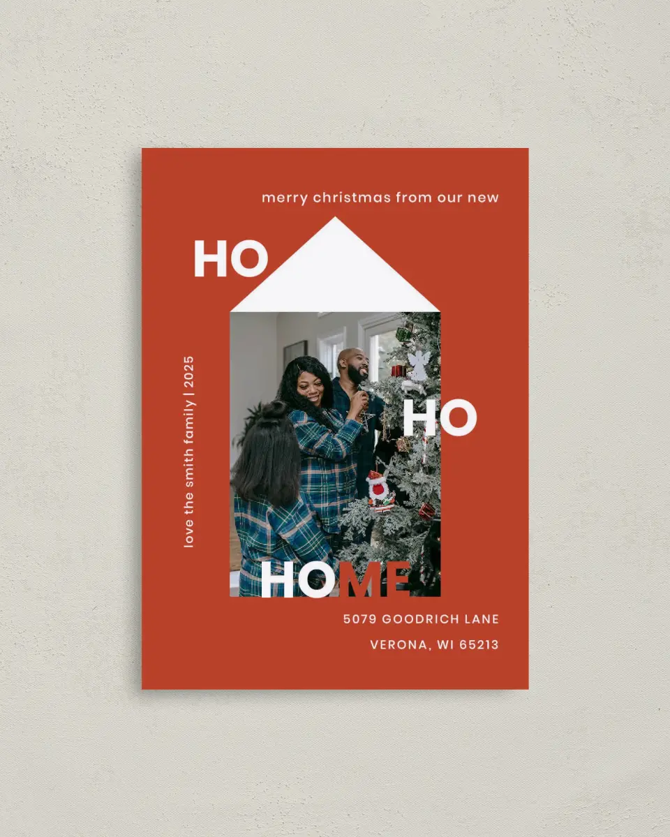 This is a 4" x 5.6" Christmas Card called Ho Ho Home printed in full color with Rose Gold foil on Soft Suede (coated) paper