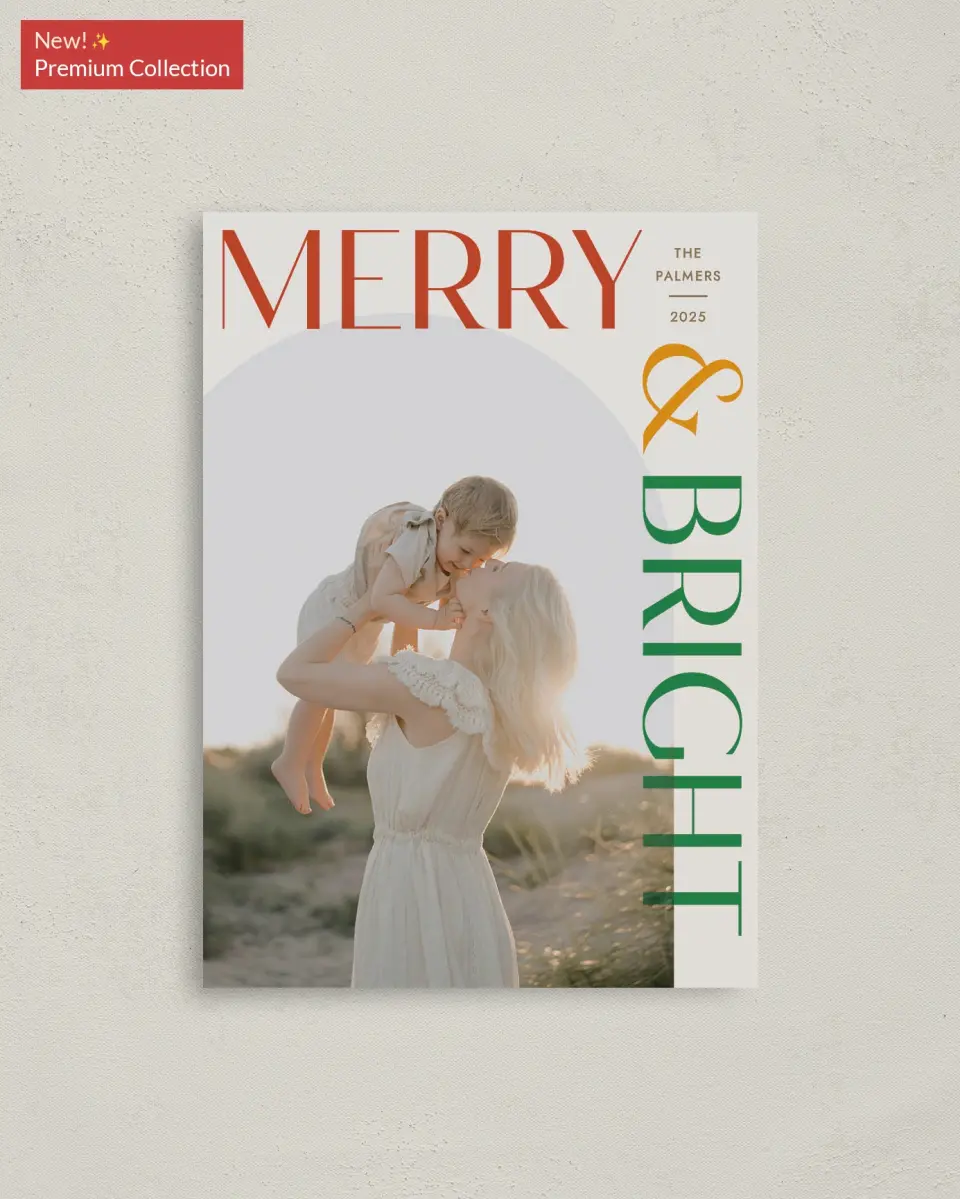This is a 4" x 5.6" Christmas Card called Bold & Bright printed in full color with Rose Gold foil on Soft Suede (coated) paper
