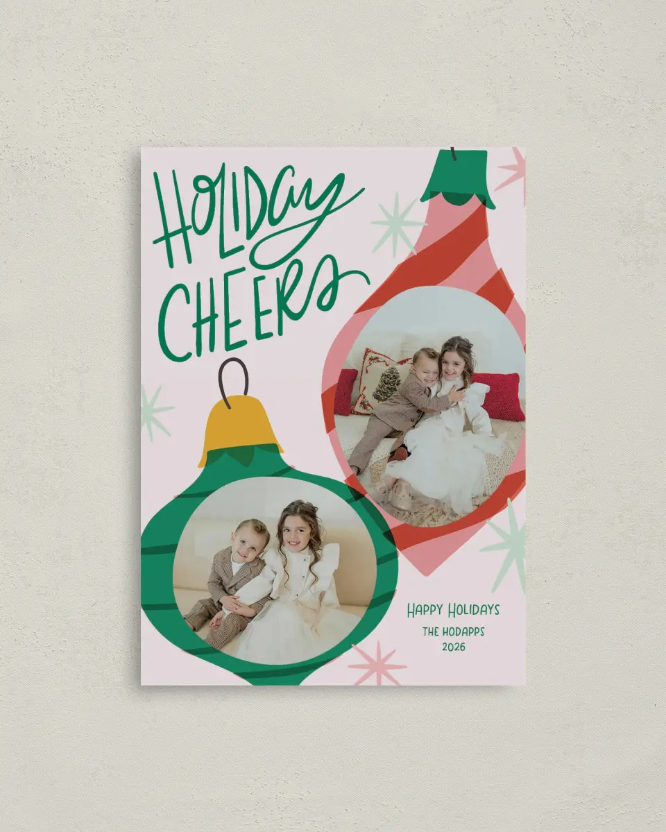 This is a 4" x 5.6" Christmas Card called Cheerful Ornaments printed in full color with Gold foil on Premium Smooth paper