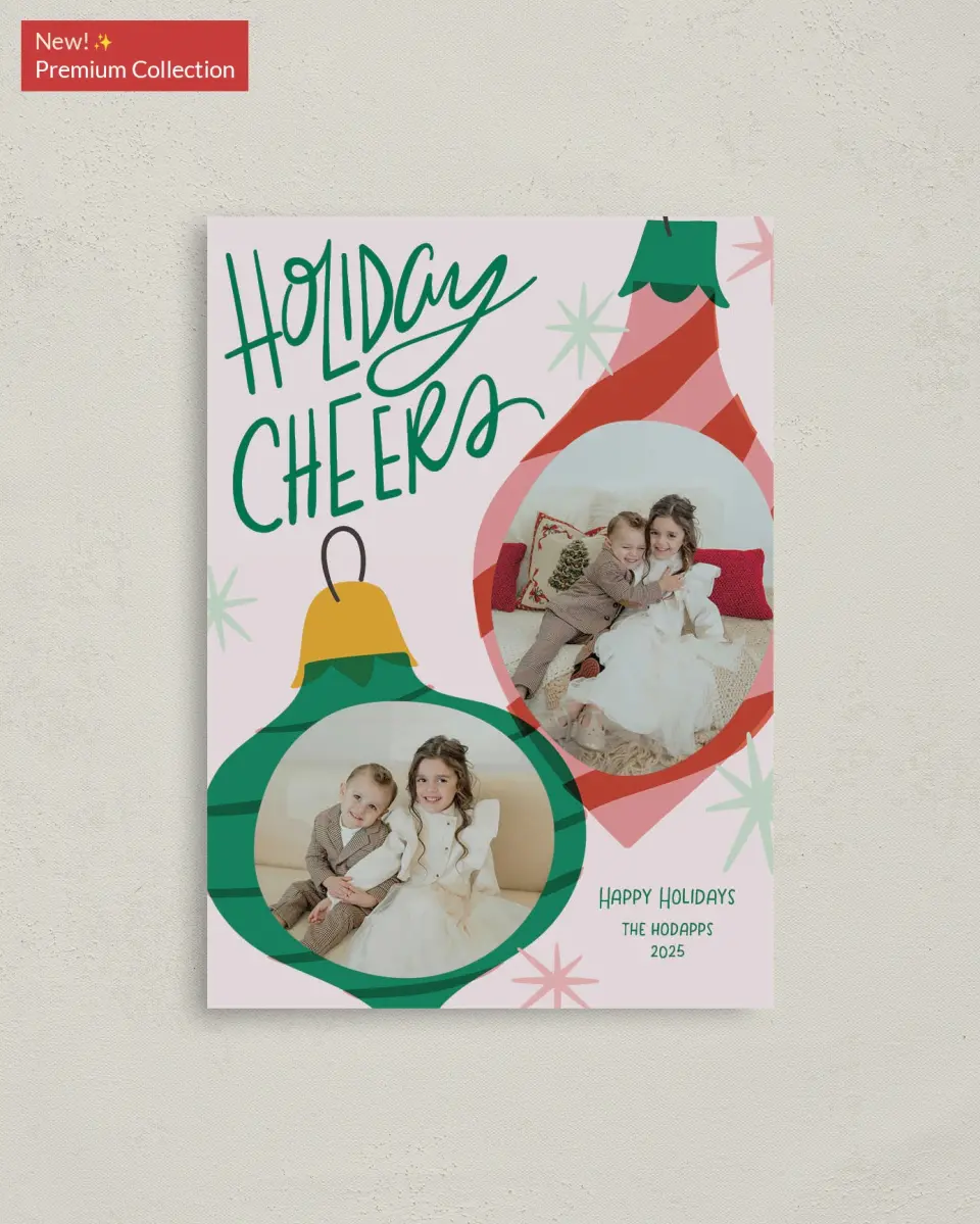 This is a 4" x 5.6" Christmas Card called Cheerful Ornaments printed in full color with Gold foil on Soft Suede (coated) paper
