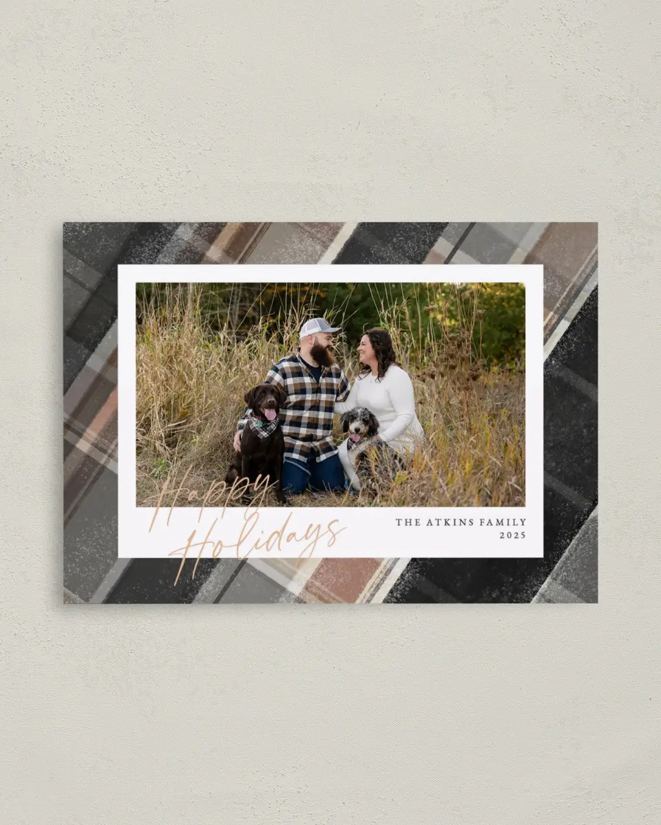 This is a 4" x 5.6" Christmas Card called Cozy Plaid printed in full color on Premium Smooth paper