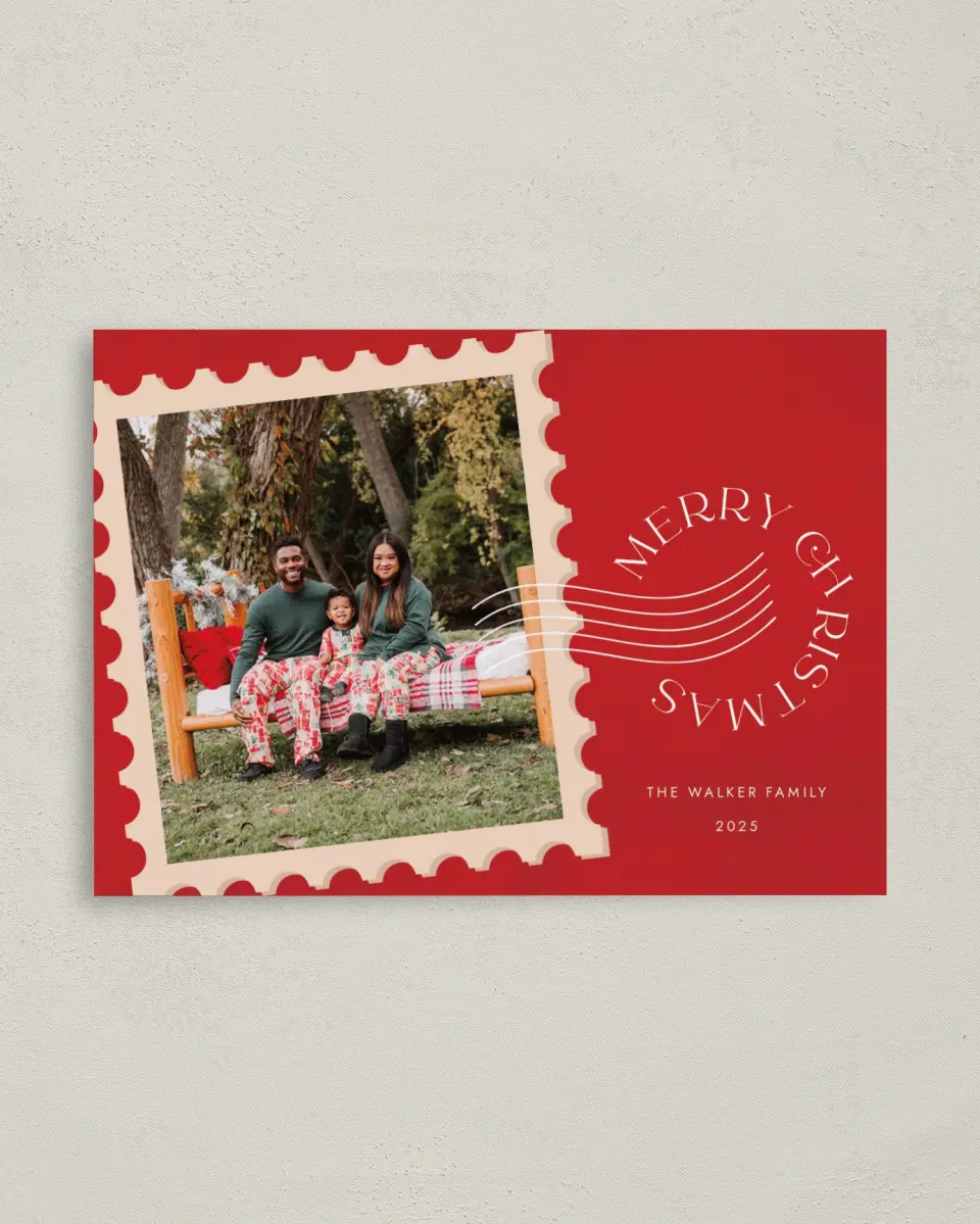 This is a 4" x 5.6" Christmas Card called Holiday Postage printed in full color with Gold foil on Soft Suede (coated) paper