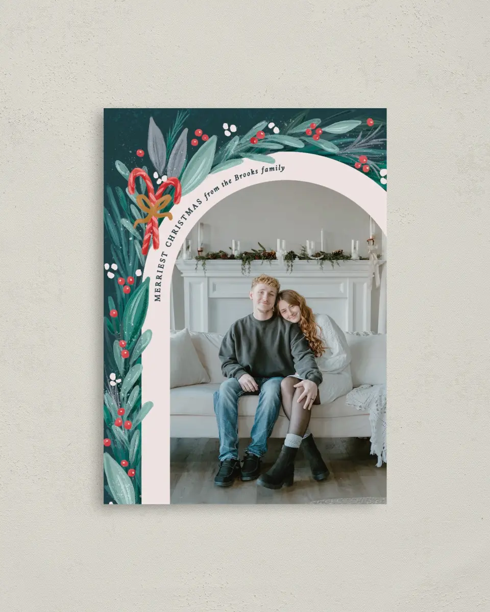 This is a 4" x 5.6" Christmas Card called Wintergreen Boughs printed in full color with Gold foil on Premium Smooth paper