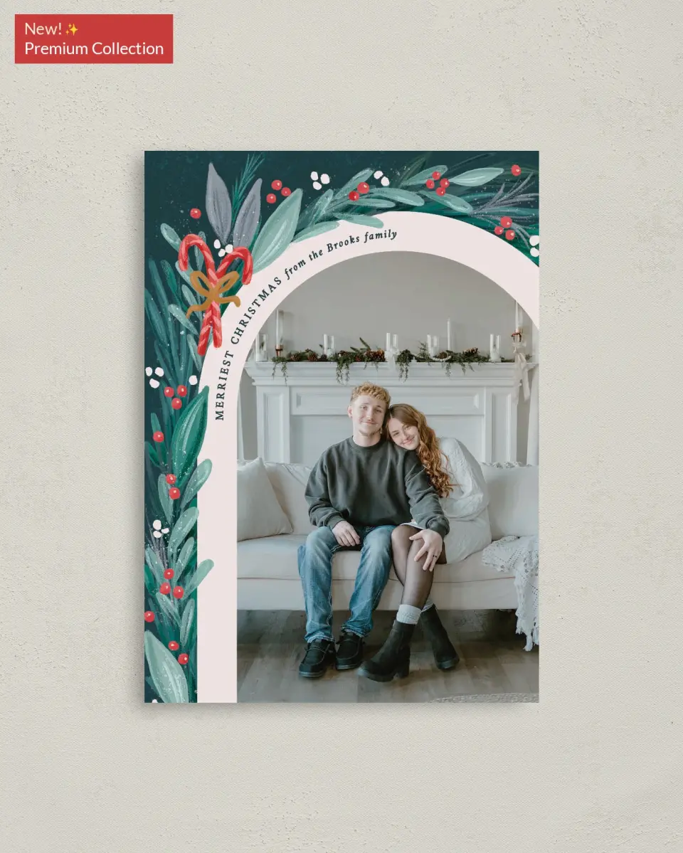 This is a 4" x 5.6" Christmas Card called Wintergreen Boughs printed in full color with Gold foil on Soft Suede (coated) paper