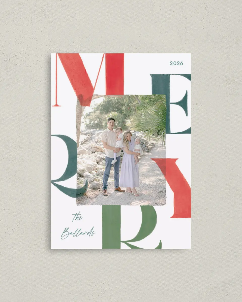This is a 4" x 5.6" Christmas Card called Bright Tidings printed in full color with Gold foil on Premium Smooth paper