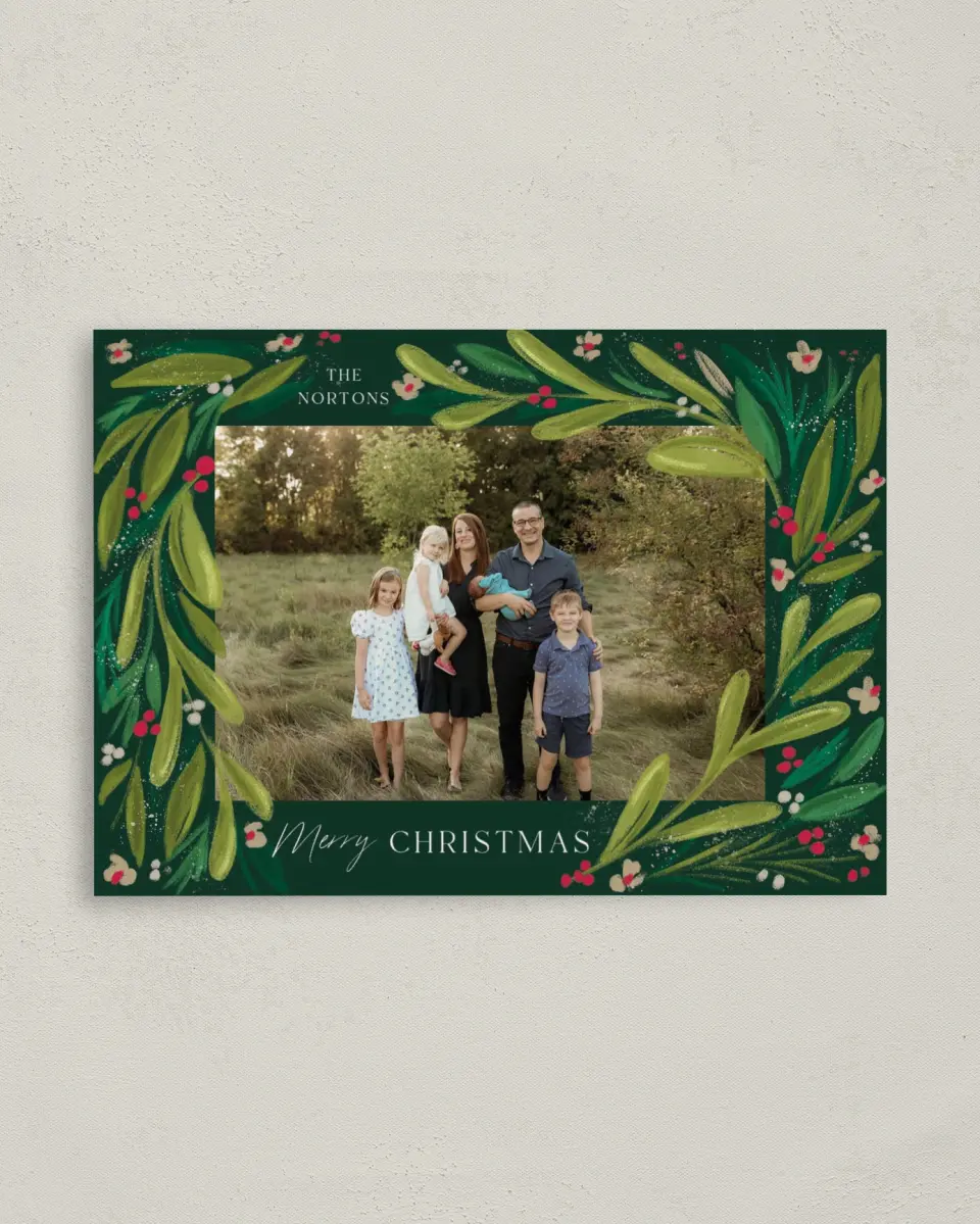 This is a 4" x 5.6" Christmas Card called Merry Botanicals printed in full color with Gold foil on Premium Smooth paper