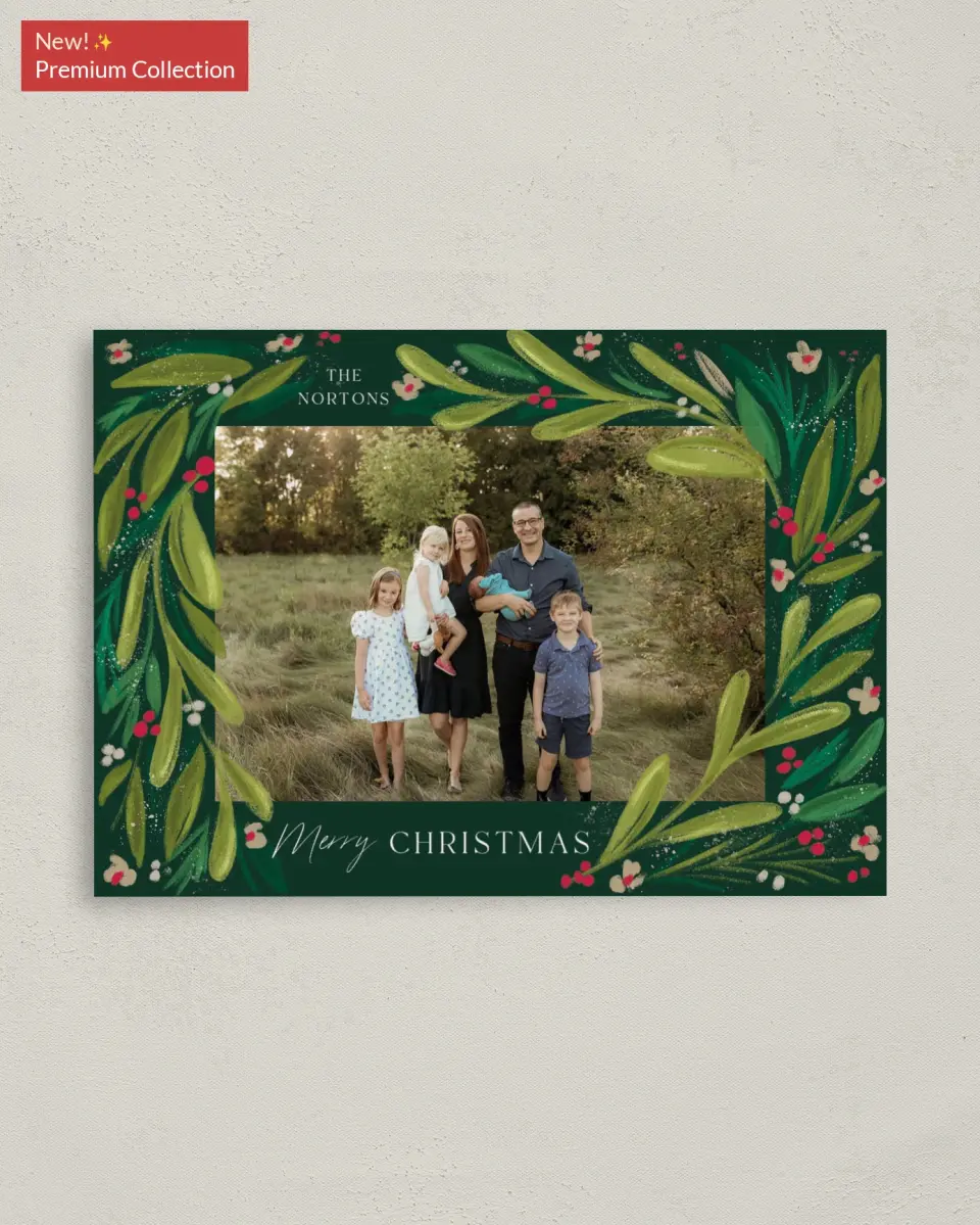 This is a 4" x 5.6" Christmas Card called Merry Botanicals printed in full color with Gold foil on Soft Suede (coated) paper