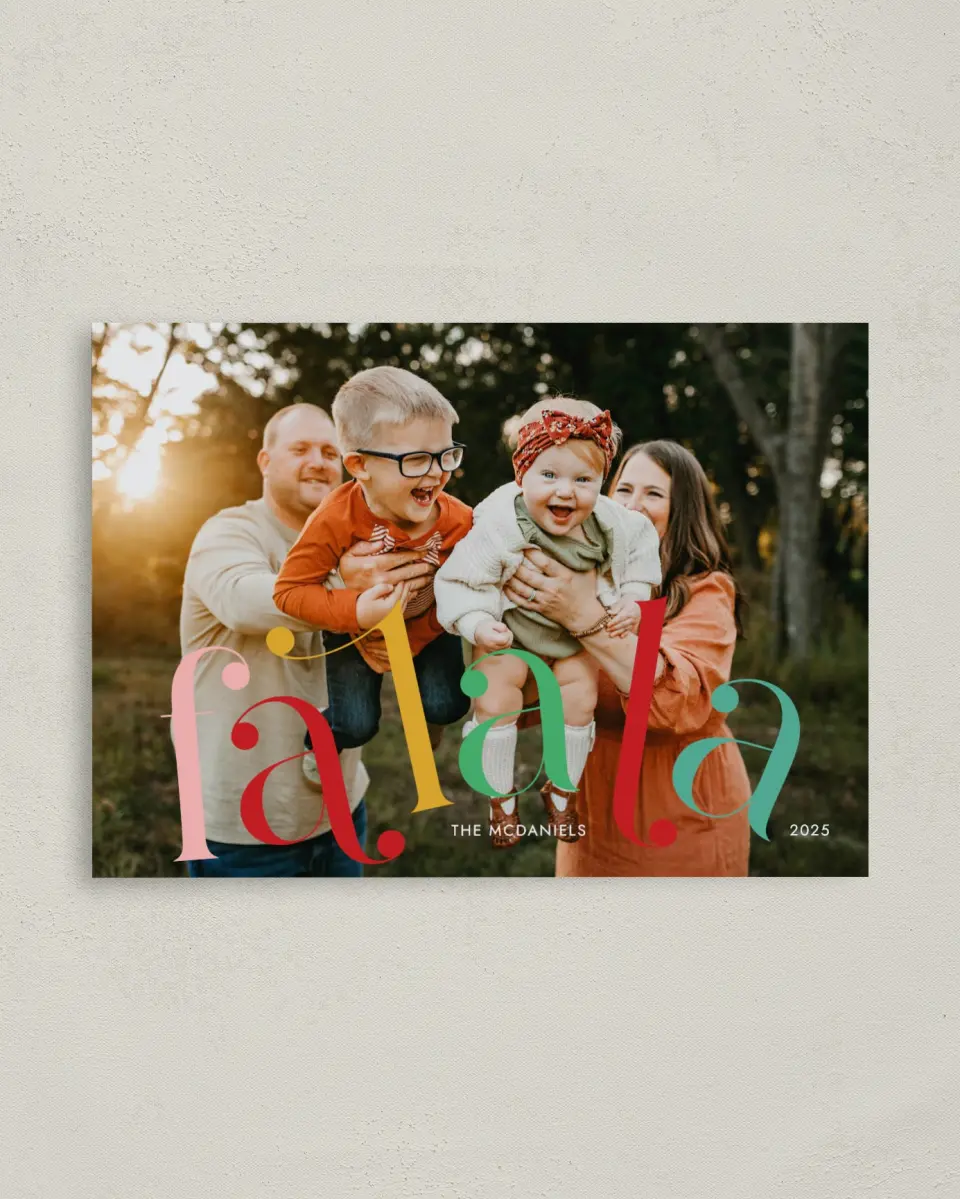 This is a 4" x 5.6" Christmas Card called Fa La La Fun printed in full color with Gold foil on Soft Suede (coated) paper