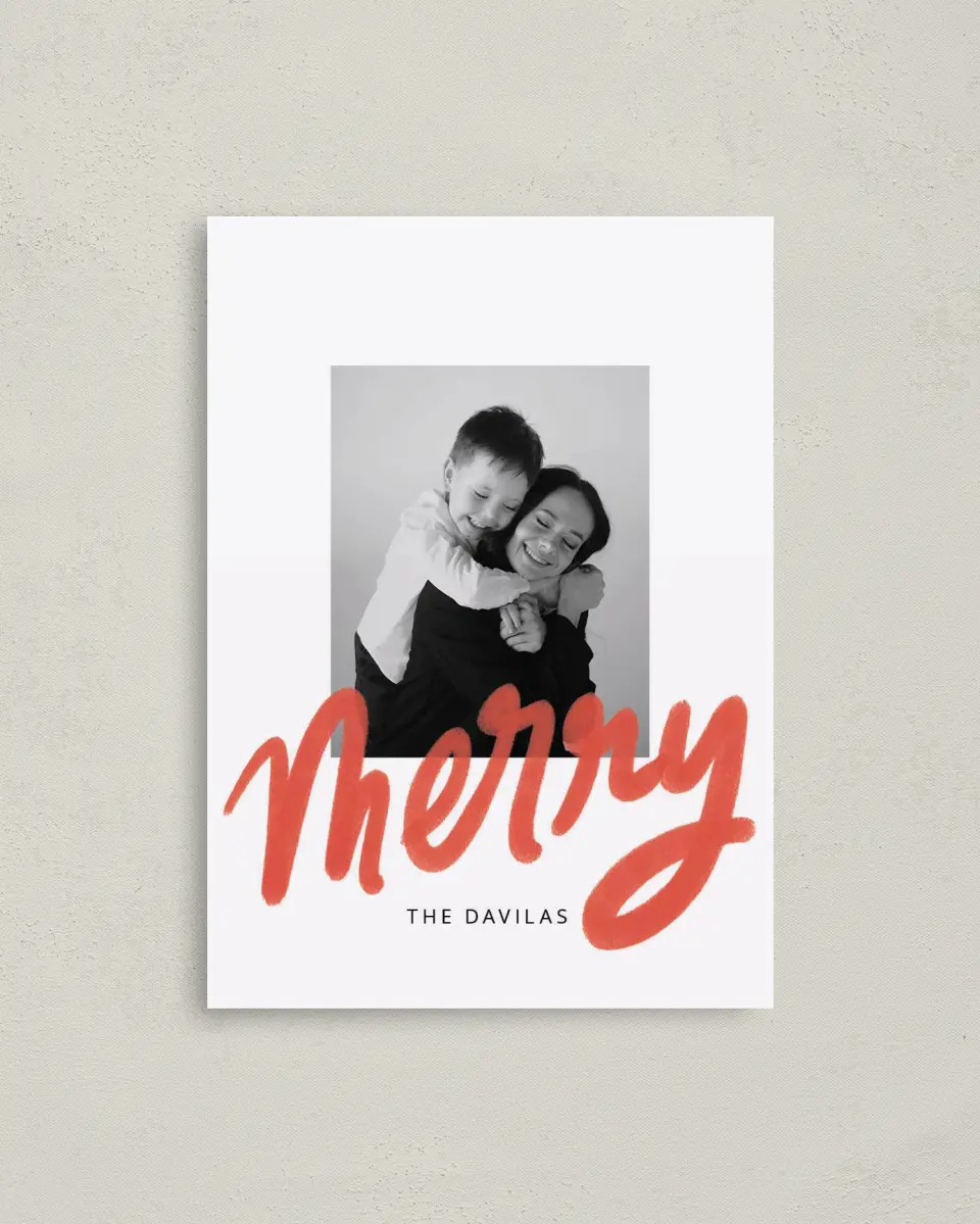 This is a 4" x 5.6" Christmas Card called So Merry printed in full color with Gold foil on Premium Smooth paper
