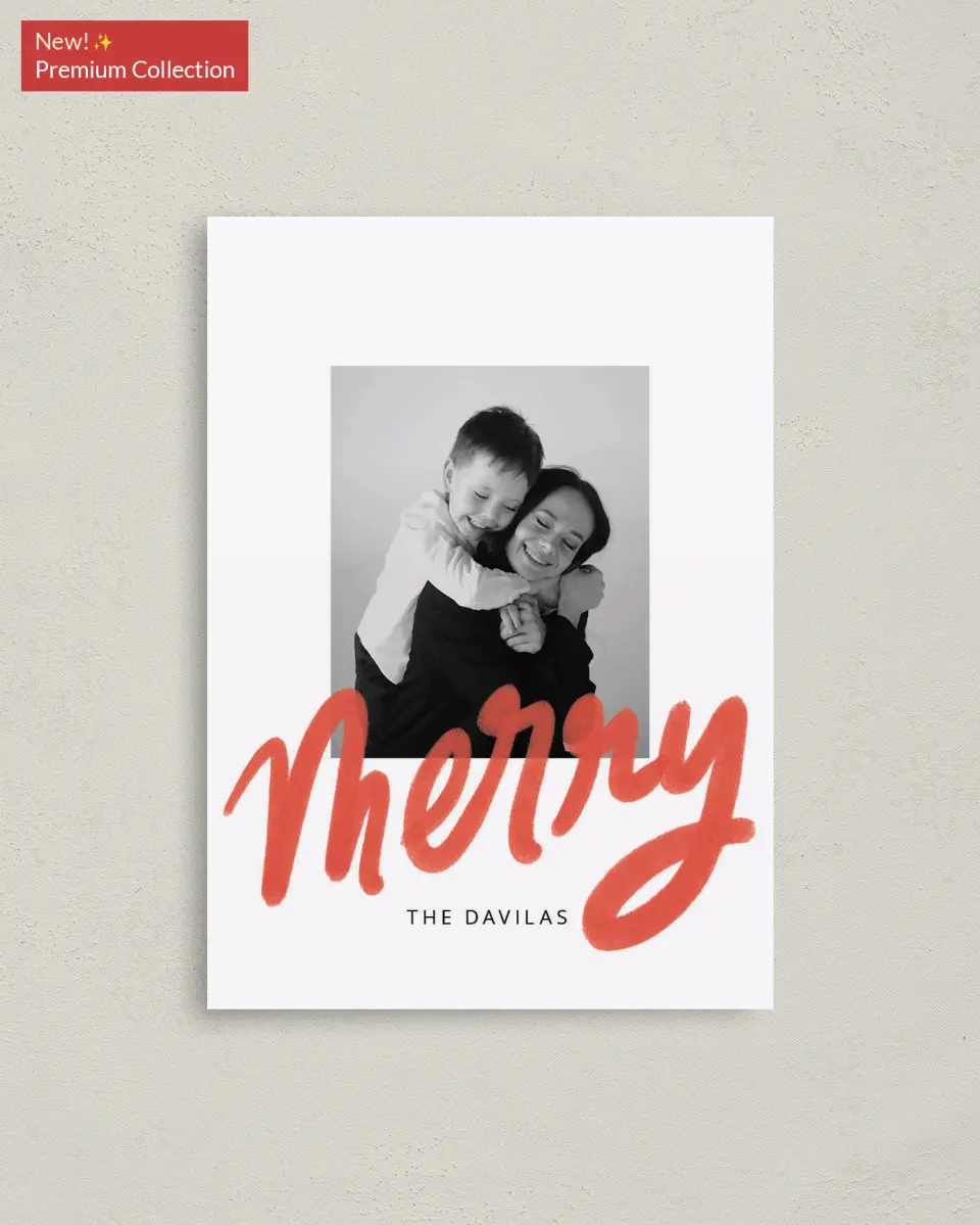 This is a 4" x 5.6" Christmas Card called So Merry printed in full color with Gold foil on Soft Suede (coated) paper