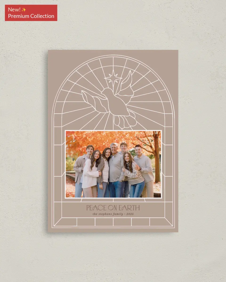 This is a 4" x 5.6" Christmas Card called Peace on Earth printed in full color with Gold foil on Soft Suede (coated) paper