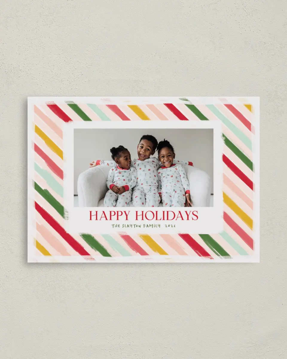 This is a 4" x 5.6" Christmas Card called Bright Stripes printed in full color with Gold foil on Soft Suede (coated) paper
