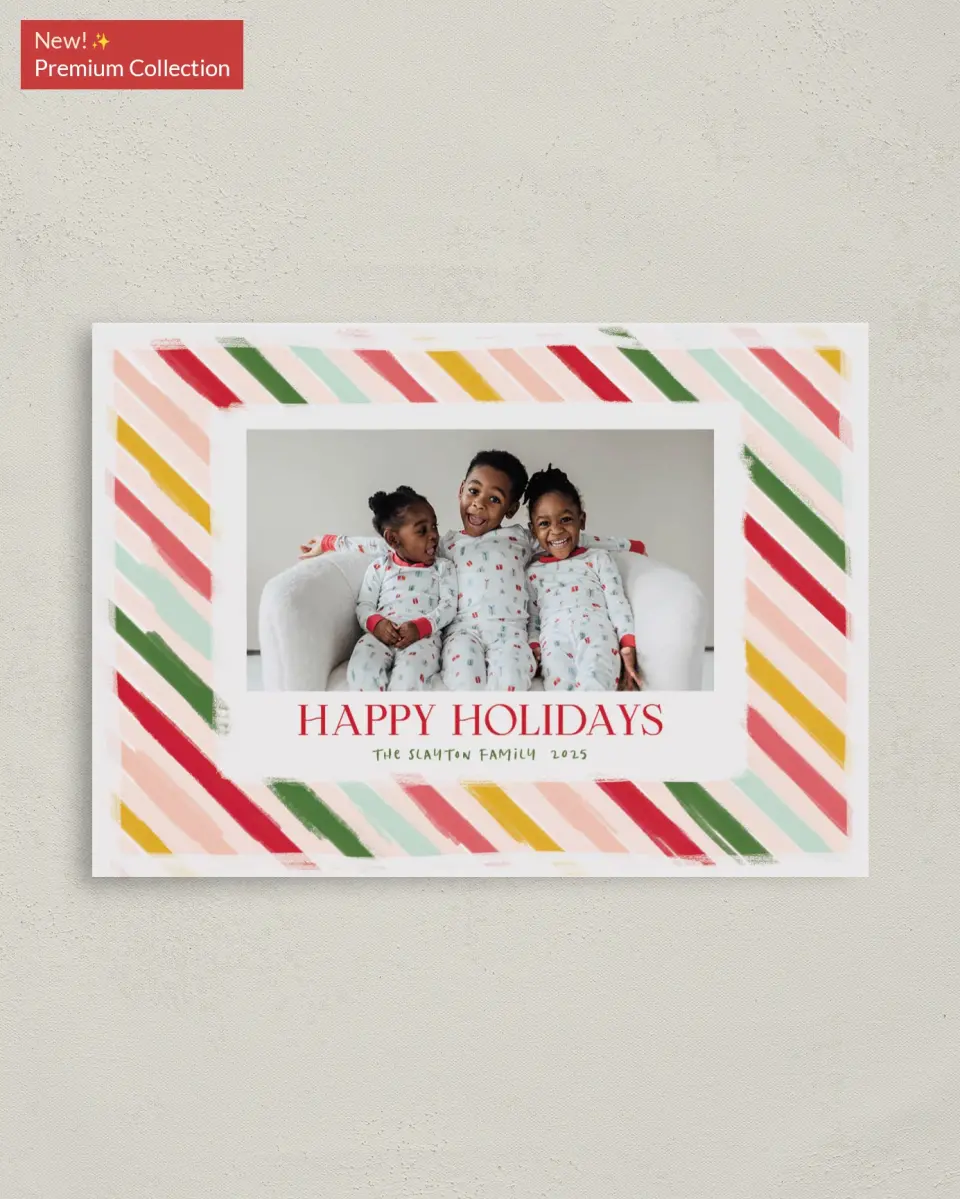 This is a 4" x 5.6" Christmas Card called Bright Stripes printed in full color with Gold foil on Soft Suede (coated) paper