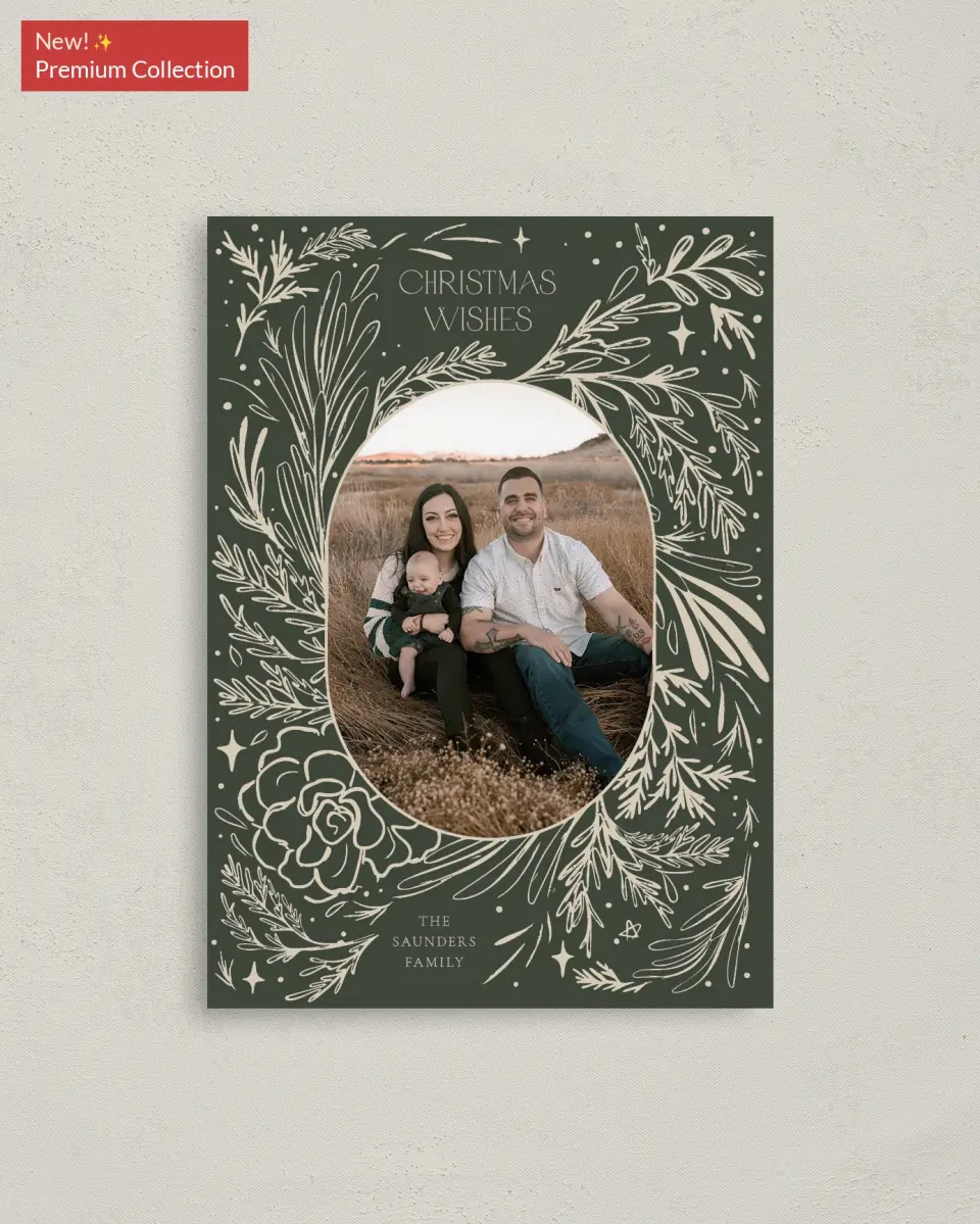 This is a 4" x 5.6" Christmas Card called Framed Foliage printed in full color with Gold foil on Soft Suede (coated) paper