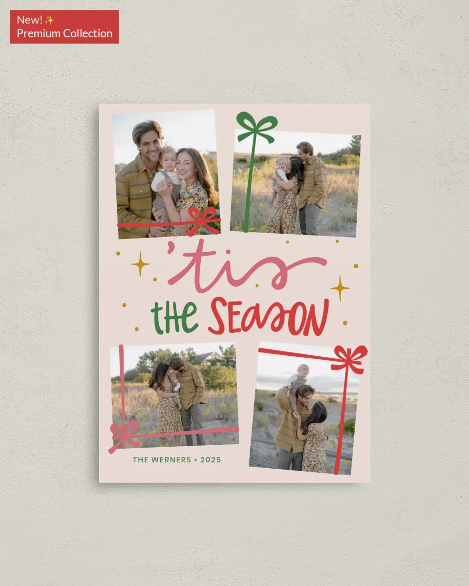 This is a 4" x 5.6" Christmas Card called Gifting Season printed in full color with Gold foil on Soft Suede (coated) paper