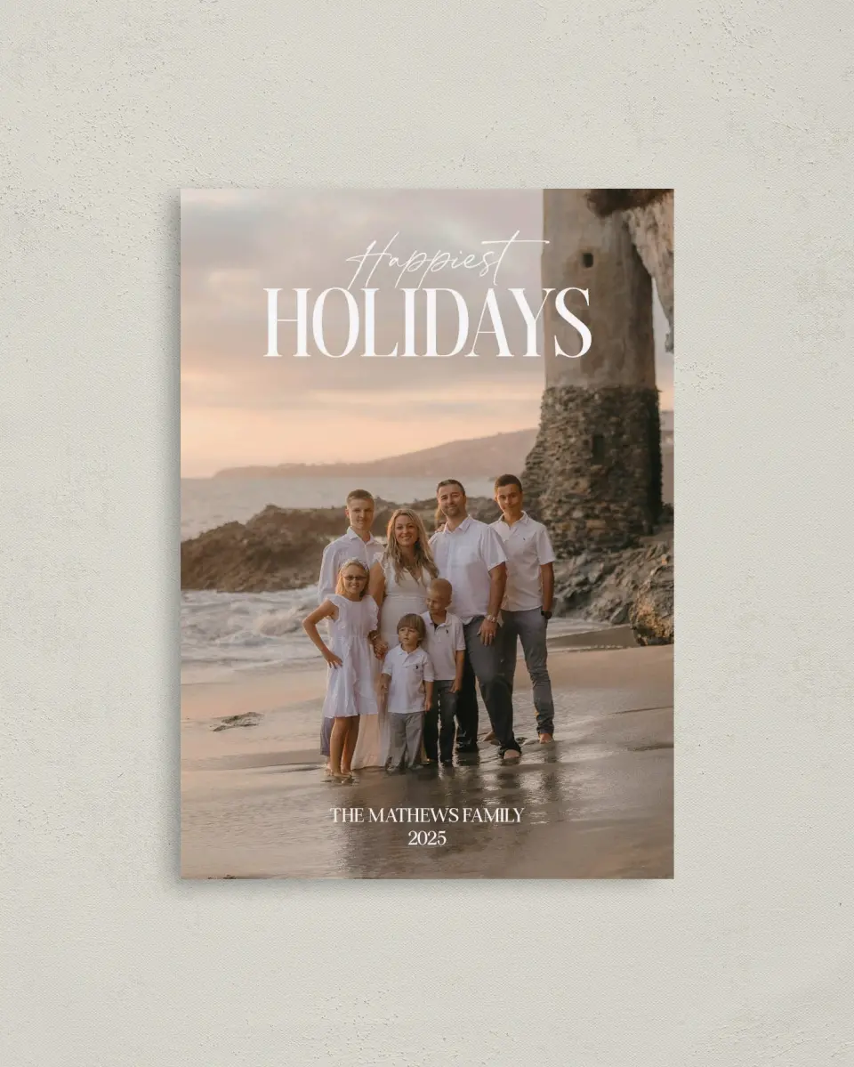This is a 4" x 5.6" Christmas Card called Happy Greeting printed in full color with Gold foil on Soft Suede (coated) paper