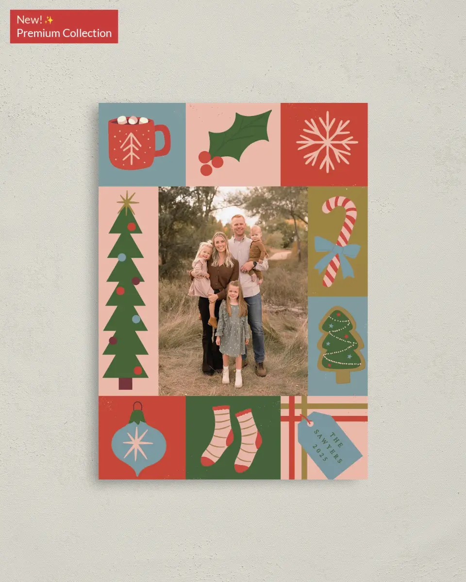 This is a 4" x 5.6" Christmas Card called Patchwork Holiday printed in full color with Gold foil on Soft Suede (coated) paper
