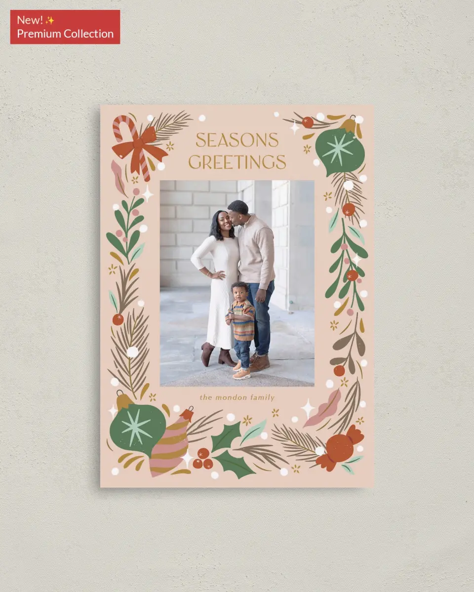 This is a 4" x 5.6" Christmas Card called Festive Season printed in full color with Gold foil on Soft Suede (coated) paper