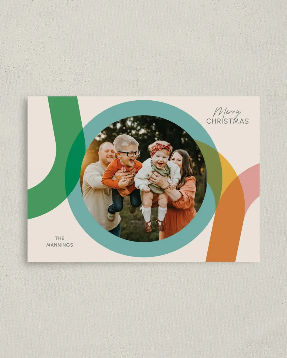 This is a 4" x 5.6" Christmas Card called Playful Joy printed in full color with Gold foil on Premium Smooth paper