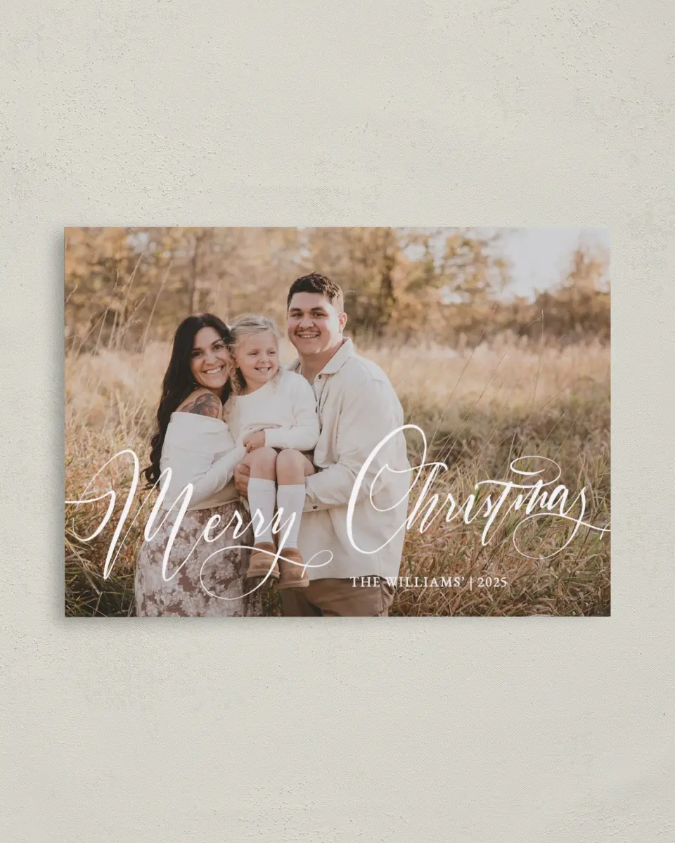 This is a 4" x 5.6" Christmas Card called Simply Stated printed in full color with Rose Gold foil on Soft Suede (coated) paper