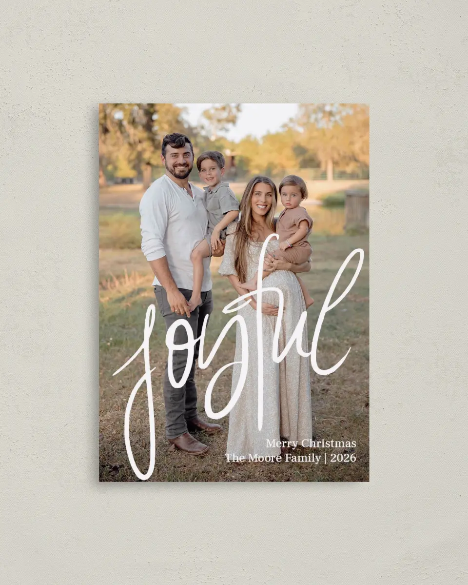 This is a 4" x 5.6" Christmas Card called Just Joyful printed in full color with Gold foil on Premium Smooth paper