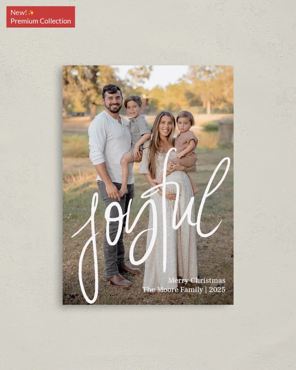 This is a 4" x 5.6" Christmas Card called Just Joyful printed in full color with Rose Gold foil on Soft Suede (coated) paper