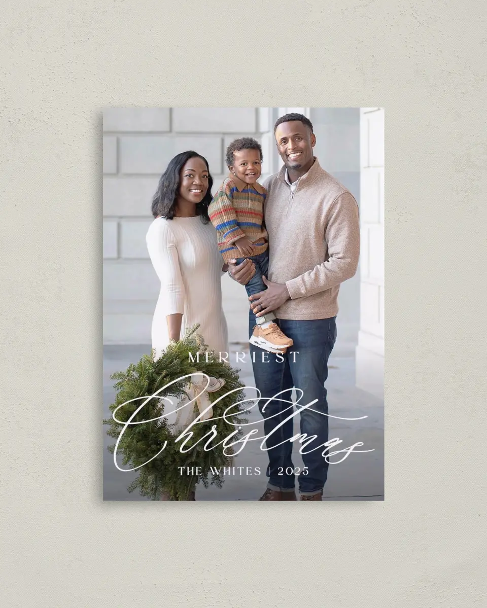 This is a 4" x 5.6" Christmas Card called Scripted Christmas printed in full color with Rose Gold foil on Soft Suede (coated) paper