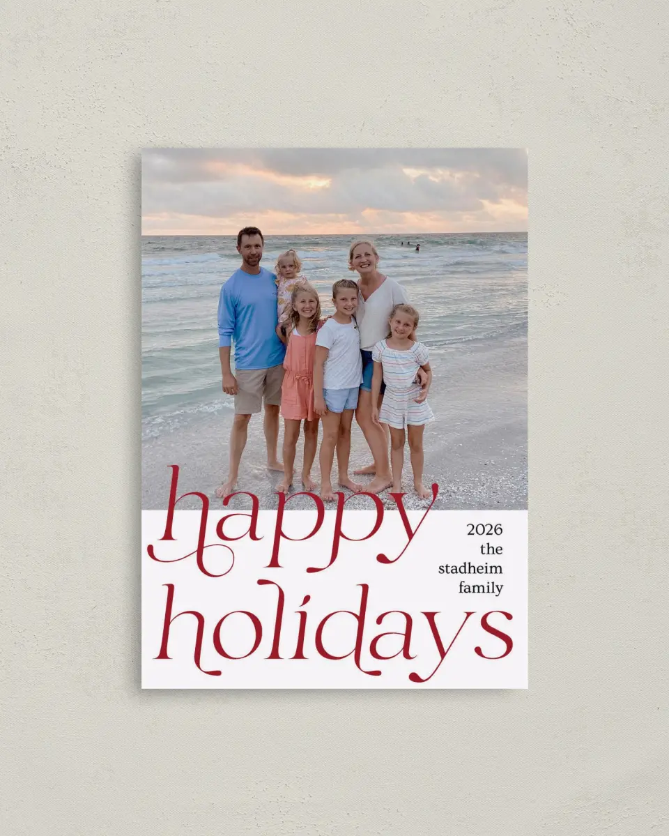 This is a 4" x 5.6" Christmas Card called Holiday of Happiness printed in full color with Gold foil on Premium Smooth paper