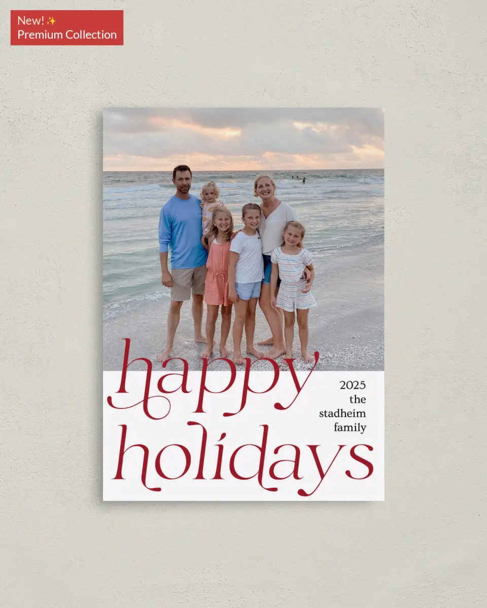 This is a 4" x 5.6" Christmas Card called Holiday of Happiness printed in full color with Gold foil on Soft Suede (coated) paper