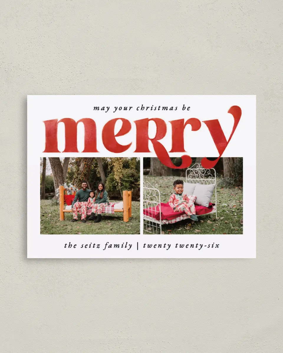 This is a 4" x 5.6" Christmas Card called May You Be Merry printed in full color with Gold foil on Premium Smooth paper