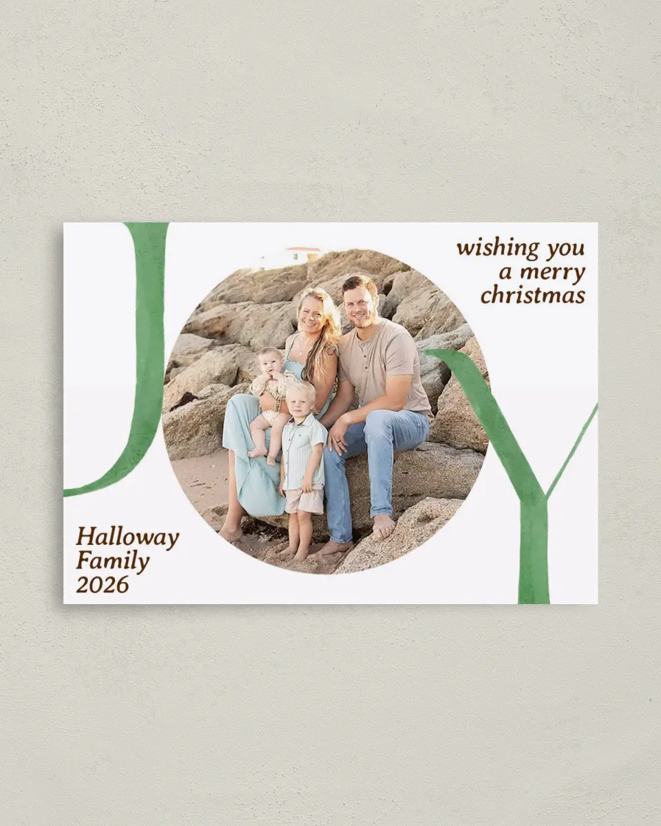 This is a 4" x 5.6" Christmas Card called Fullness of Joy printed in full color with Gold foil on Premium Smooth paper