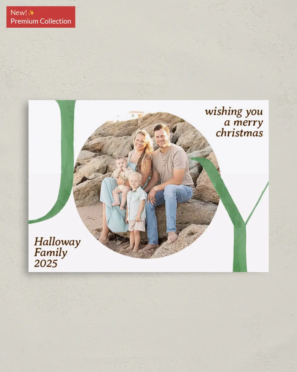 This is a 4" x 5.6" Christmas Card called Fullness of Joy printed in full color with Gold foil on Soft Suede (coated) paper