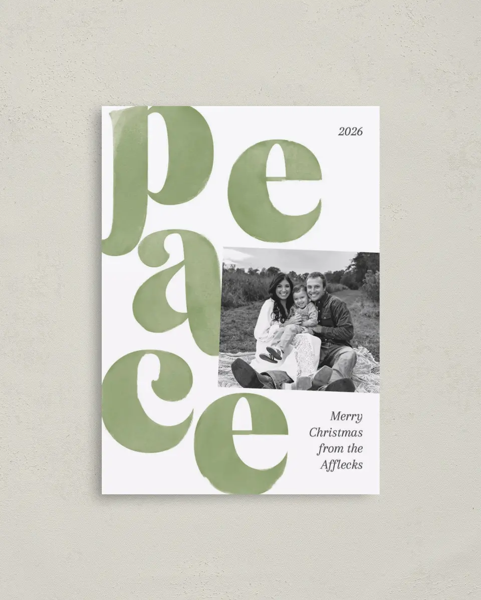 This is a 4" x 5.6" Christmas Card called Perfect Peace printed in full color with Gold foil on Premium Smooth paper