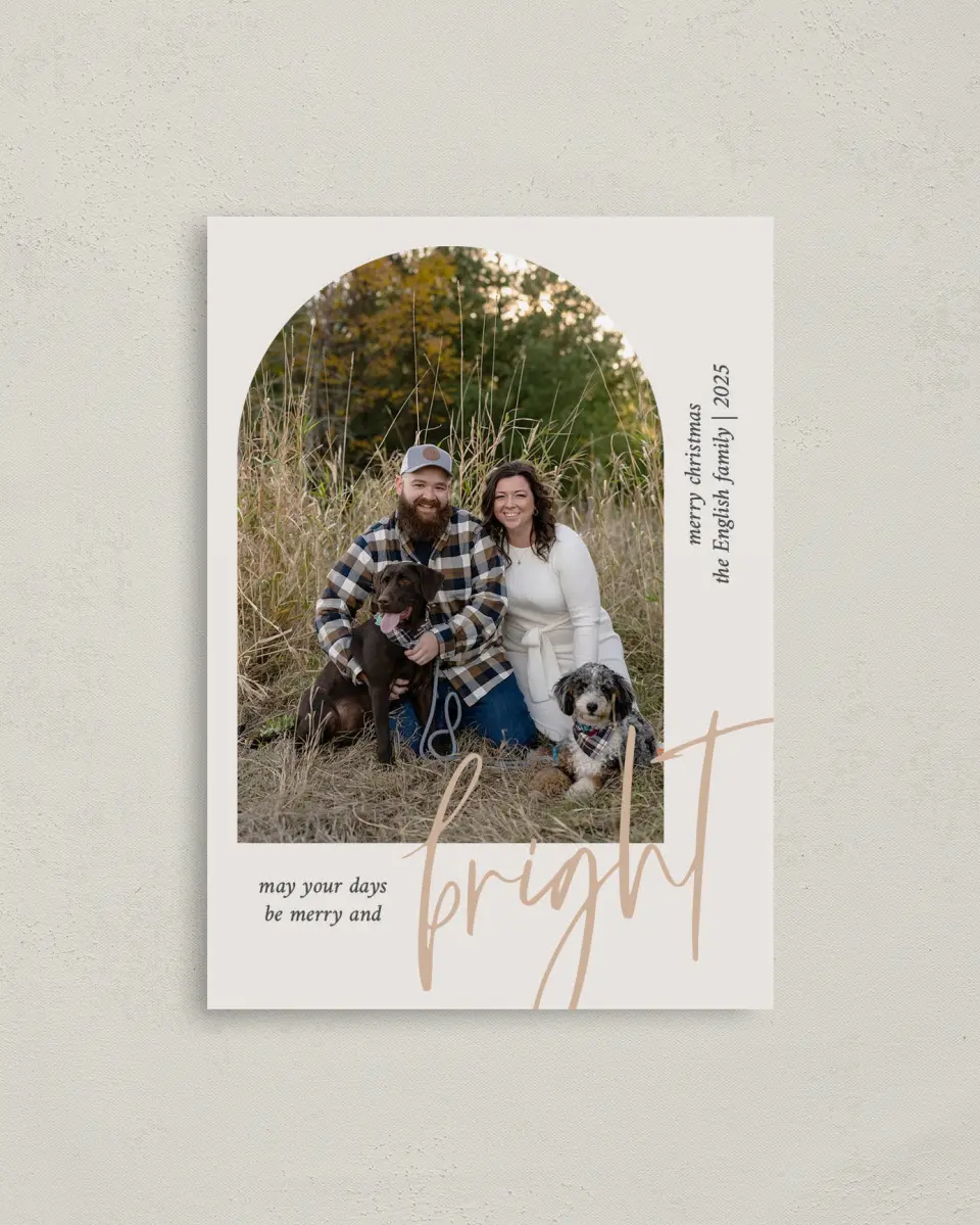 This is a 4" x 5.6" Christmas Card called Merriest and Bright printed in full color with Gold foil on Soft Suede (coated) paper