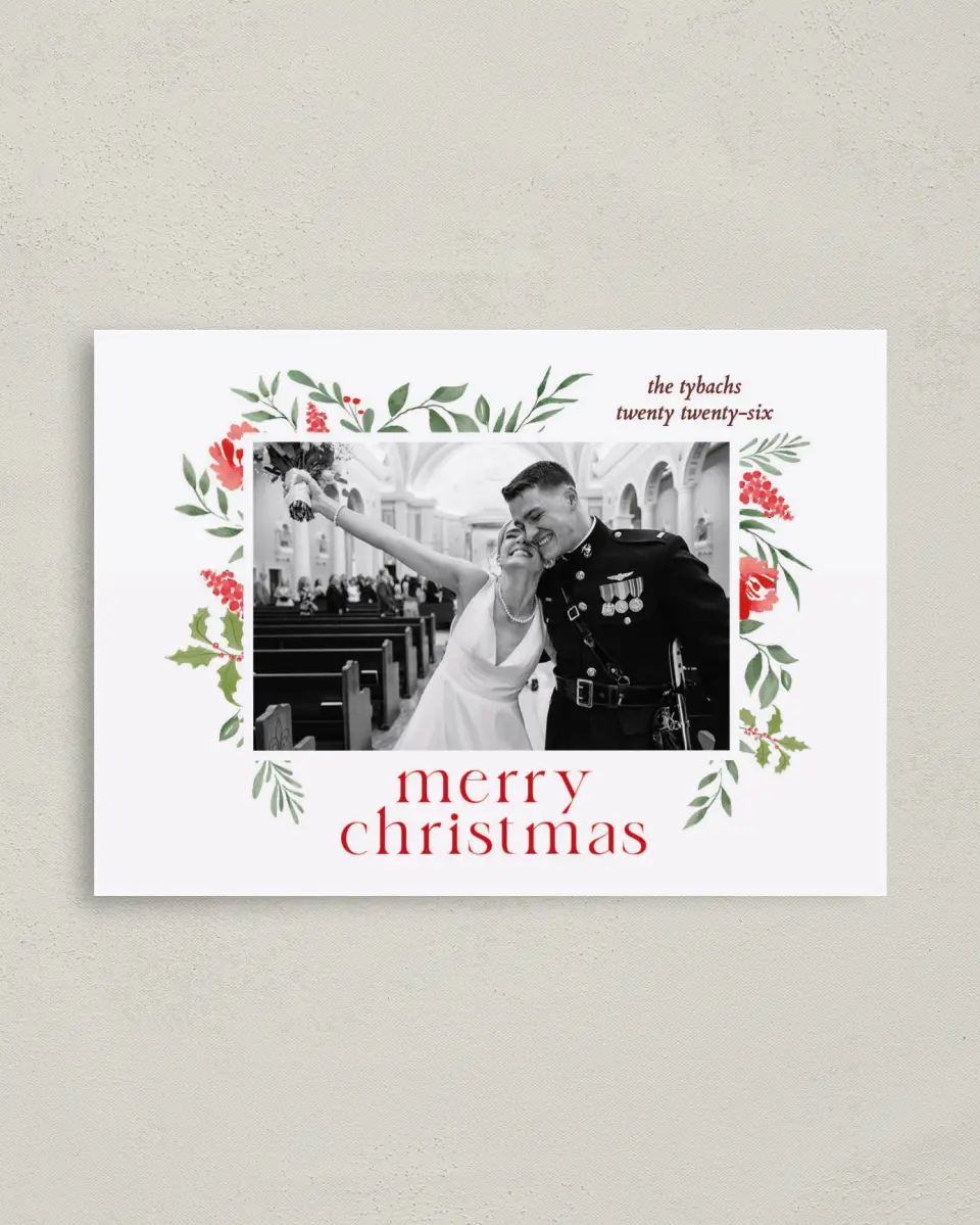 This is a 4" x 5.6" Christmas Card called Boughs of Holly printed in full color with Gold foil on Premium Smooth paper