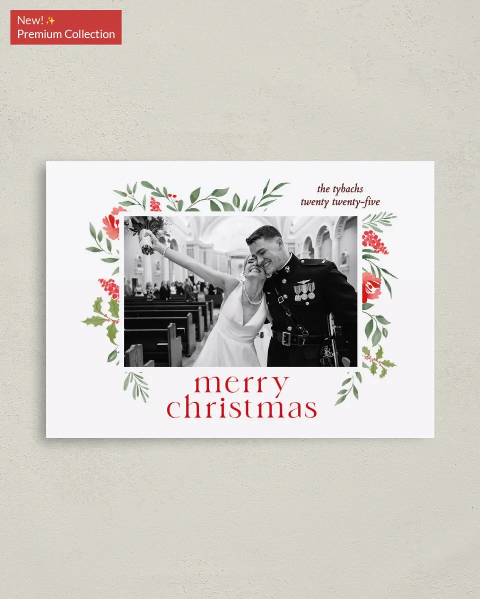 This is a 4" x 5.6" Christmas Card called Boughs of Holly printed in full color with Gold foil on Soft Suede (coated) paper