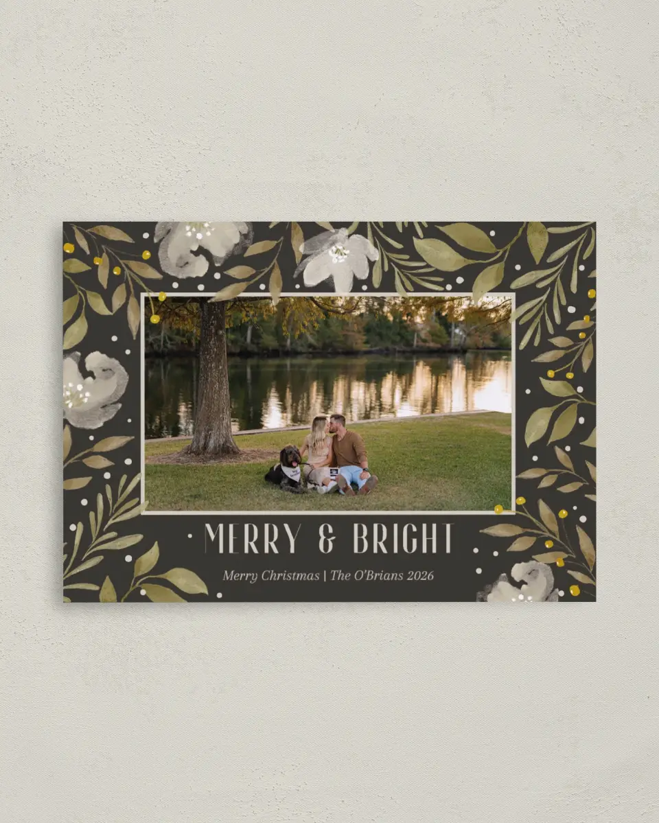 This is a 4" x 5.6" Christmas Card called Frosted Blooms printed in full color with Gold foil on Premium Smooth paper
