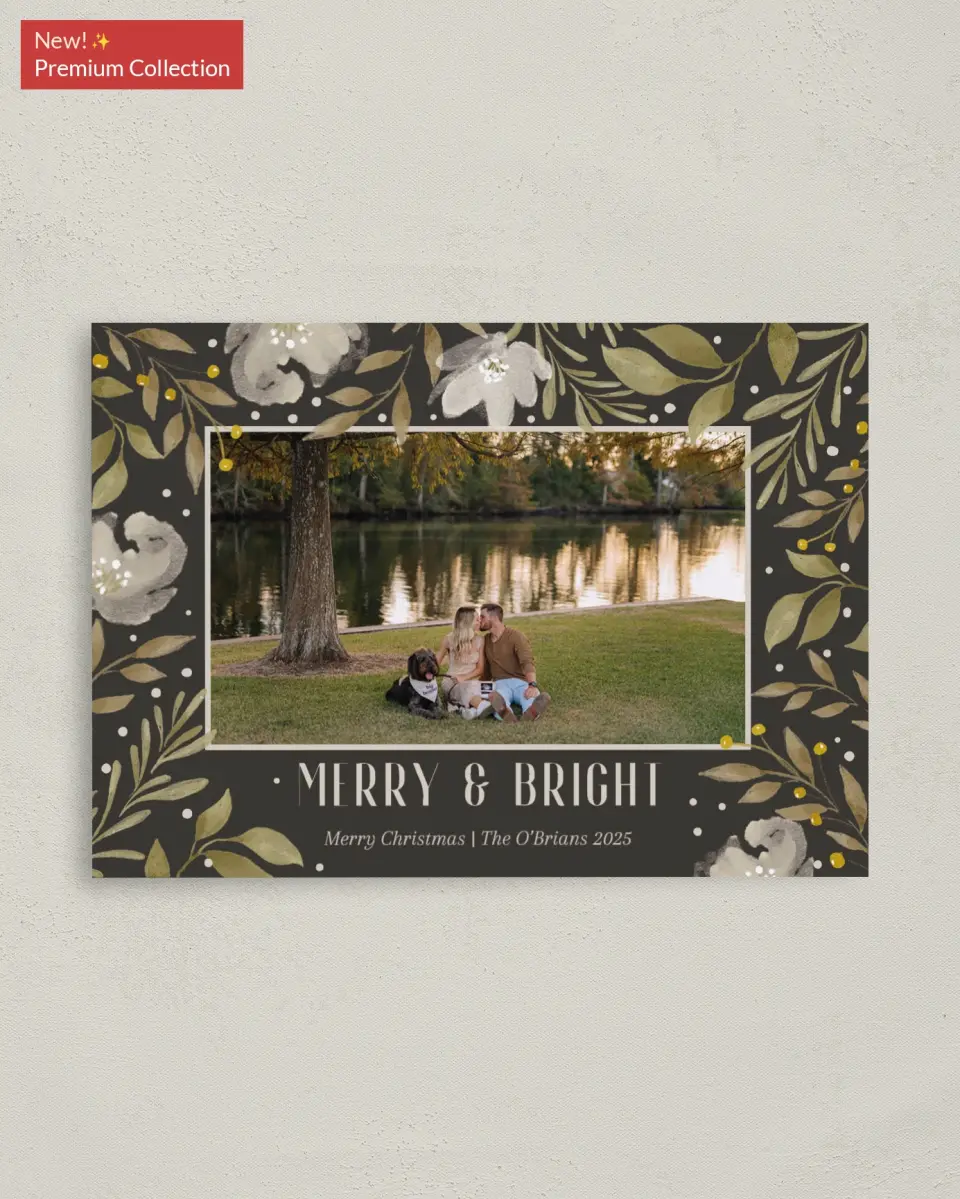 This is a 4" x 5.6" Christmas Card called Frosted Blooms printed in full color with Gold foil on Soft Suede (coated) paper