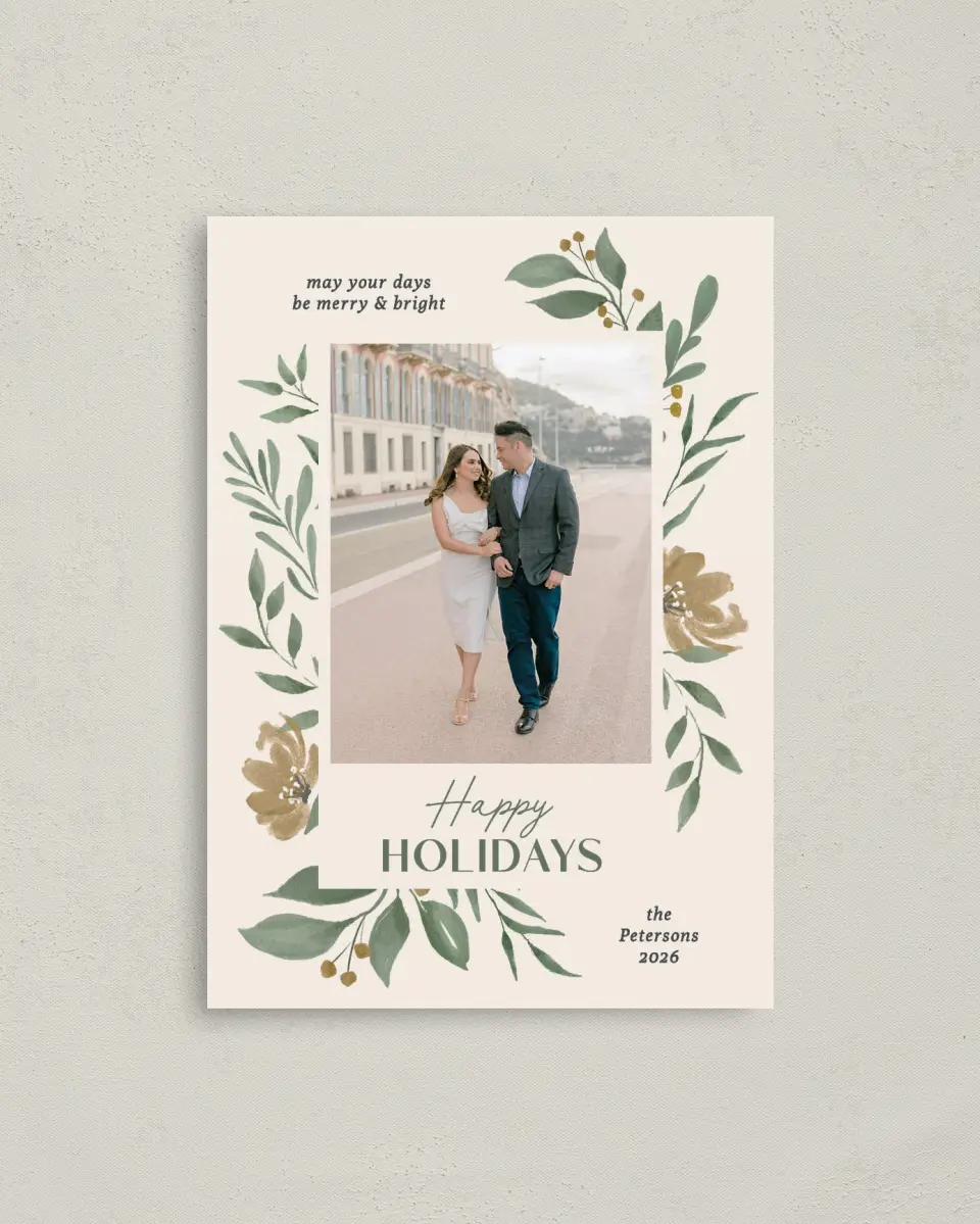 This is a 4" x 5.6" Christmas Card called Merry Botanicals printed in full color with Gold foil on Premium Smooth paper
