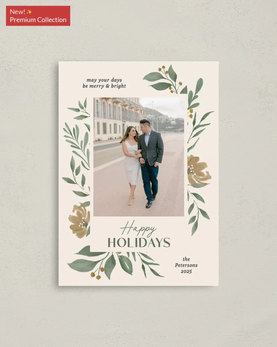 This is a 4" x 5.6" Christmas Card called Merry Botanicals printed in full color with Gold foil on Soft Suede (coated) paper