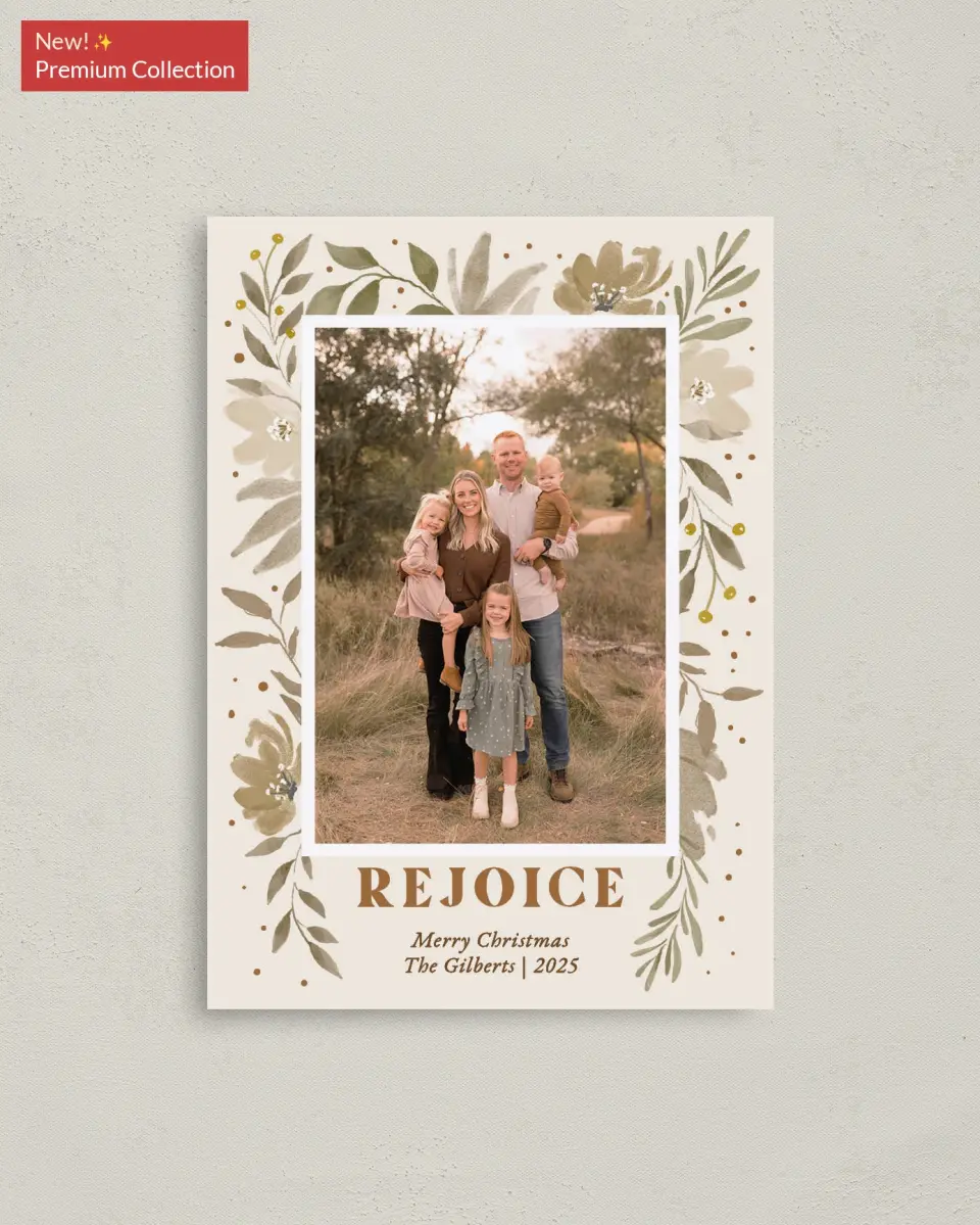 This is a 4" x 5.6" Christmas Card called Bouquets of Rejoicing printed in full color with Gold foil on Soft Suede (coated) paper