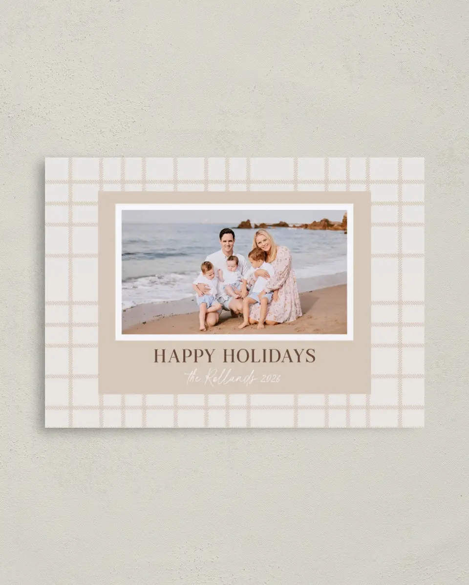 This is a 4" x 5.6" Christmas Card called Dainty Plaid printed in full color with Gold foil on Premium Smooth paper