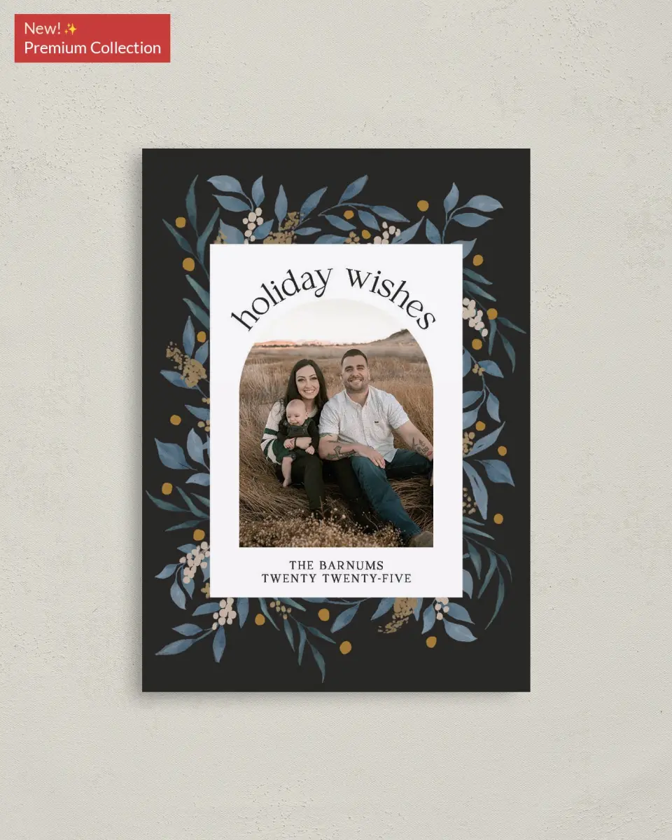 This is a 4" x 5.6" Christmas Card called Evergreen Holiday printed in full color with Gold foil on Soft Suede (coated) paper