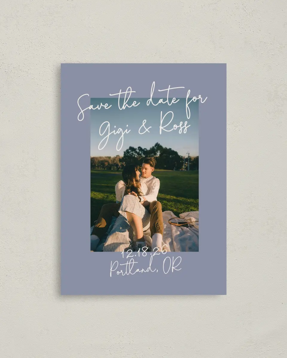 This is a 4" x 5.6" Save the Date Postcard called Yours Truly printed in full color on Soft Touch Finish paper