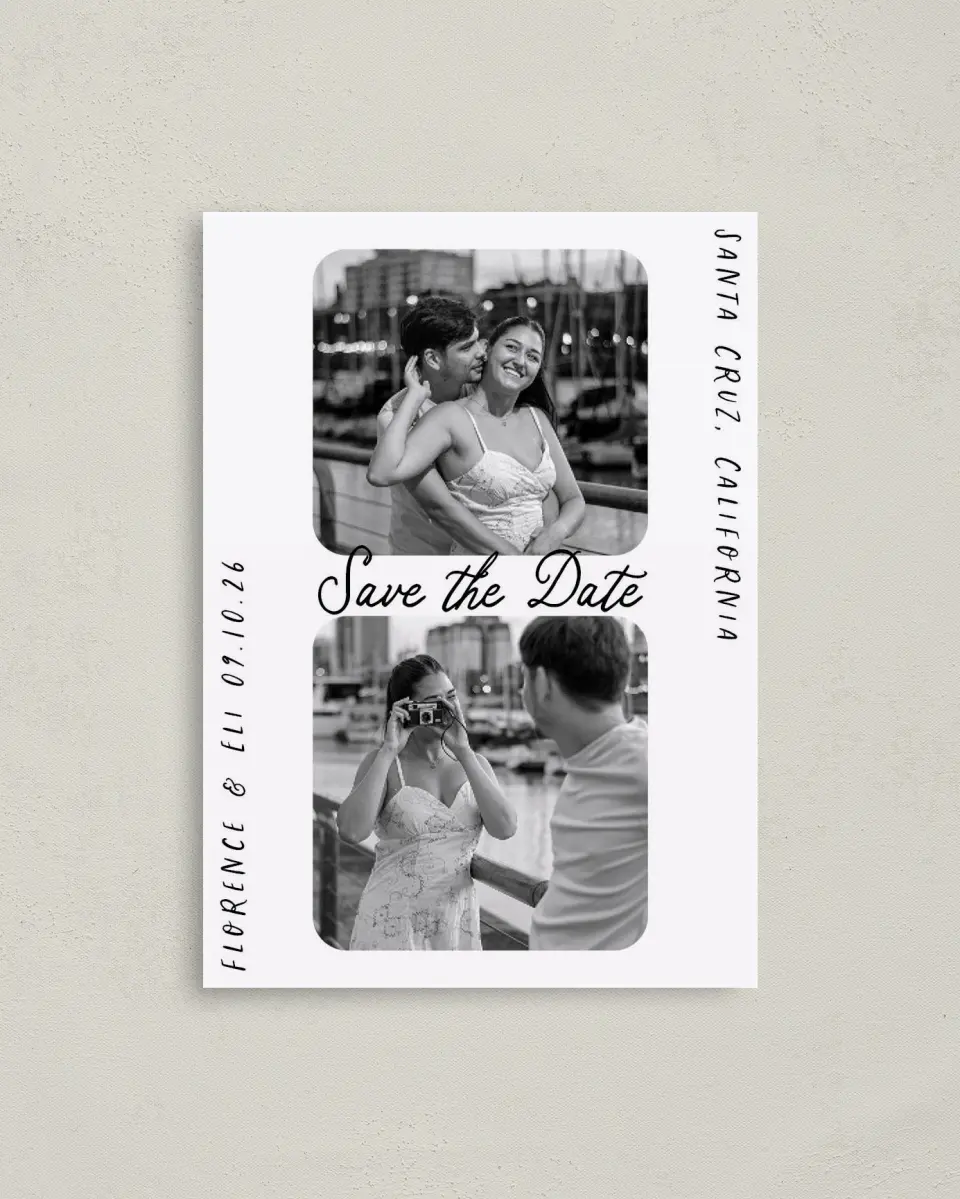 This is a 4" x 5.6" Save the Date Postcard called Love on Display printed in full color on Soft Touch Finish paper