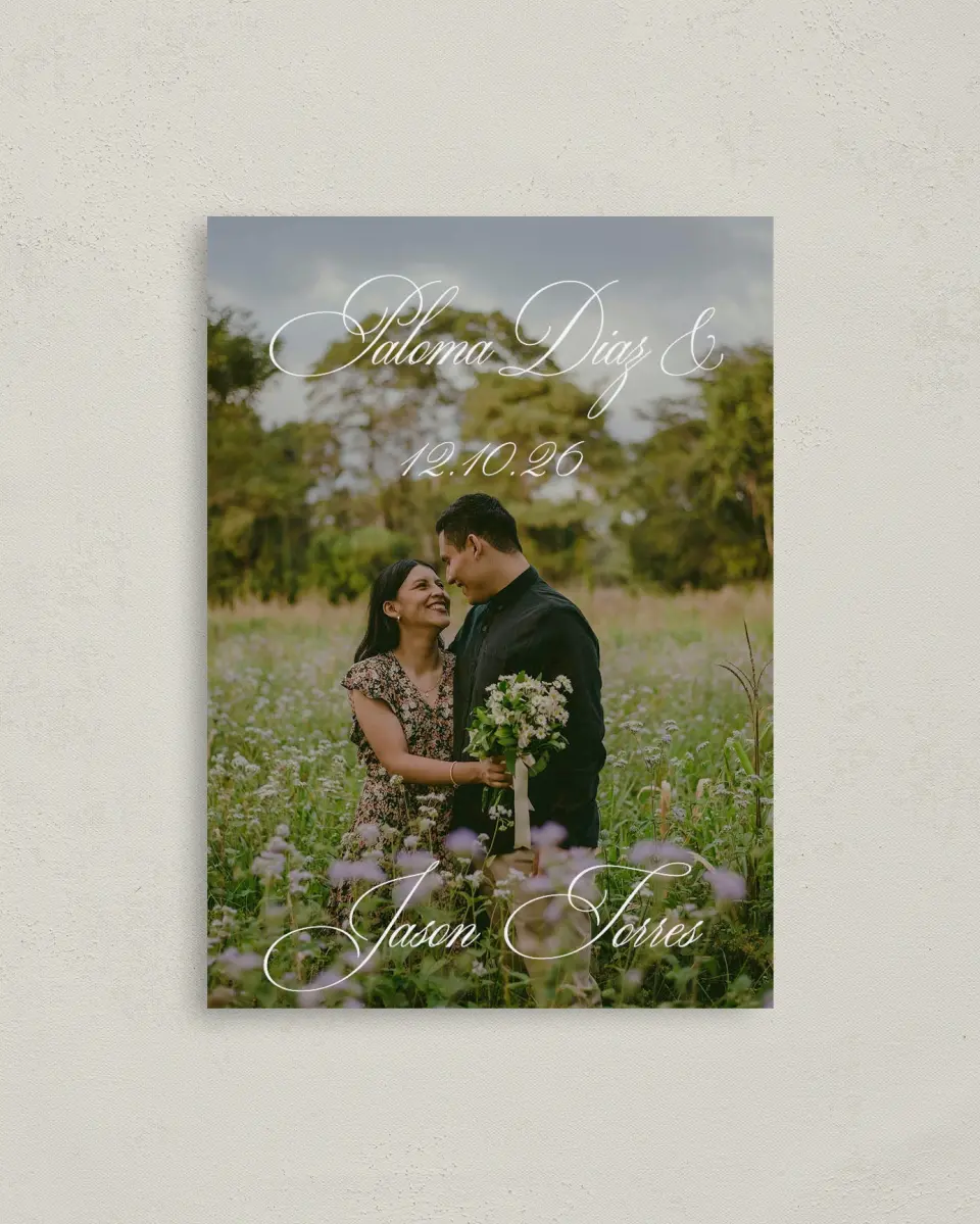 This is a 4" x 5.6" Save the Date Postcard called Bespoke Love printed in full color on Soft Touch Finish paper