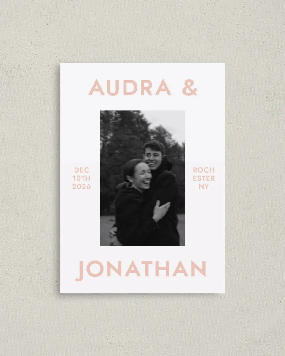 This is a 4" x 5.6" Save the Date Postcard called You & Me printed in full color on Soft Touch Finish paper