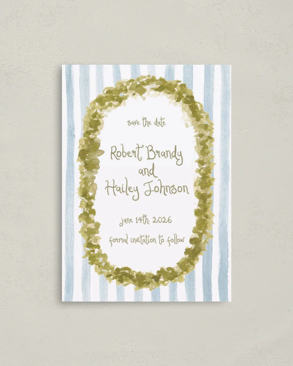 This is a 4" x 5.6" Save the Date Postcard called Soft Meadows printed in full color on Soft Touch Finish paper
