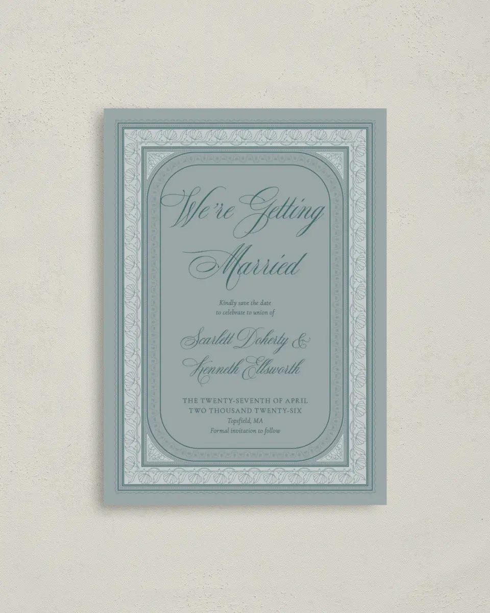 This is a 4" x 5.6" Save the Date Postcard called Delicate Vintage printed in full color on Soft Touch Finish paper